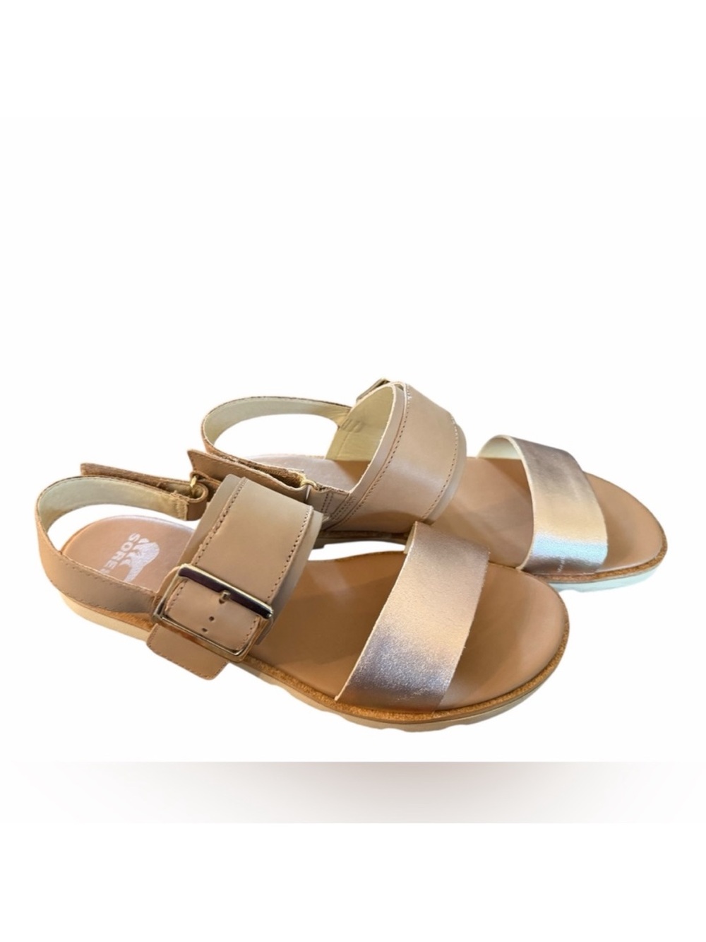 Sorel Ella III Tan and Metallic Leather Flat Sandal Size 7 - Picture 6 of 10